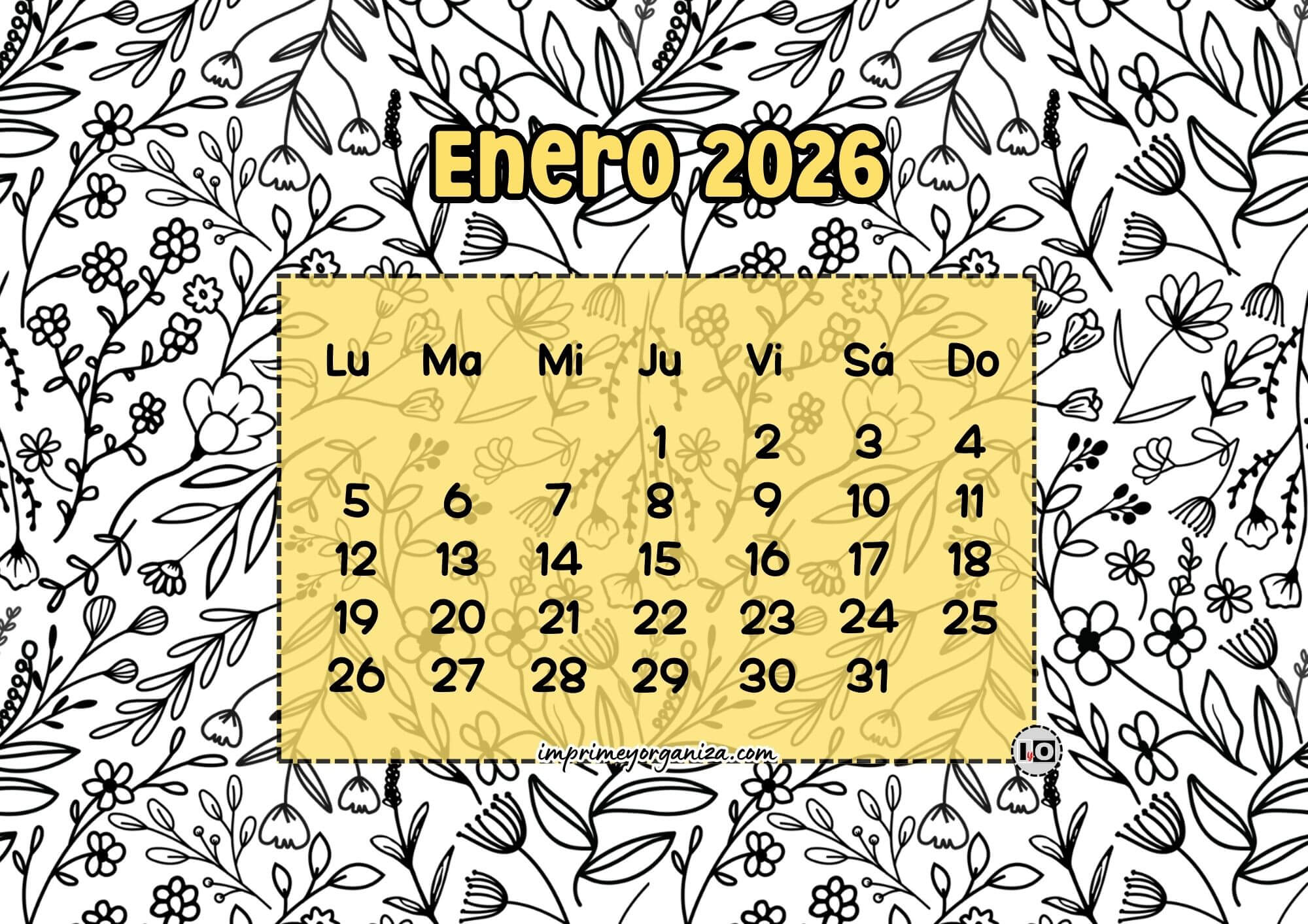 Calendario Mensual 2026 Flores Amarillo