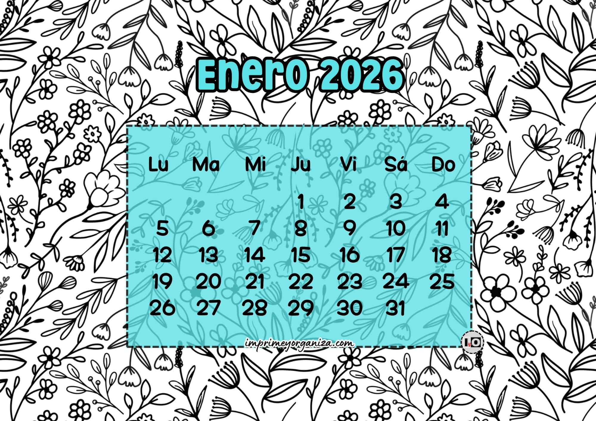 Calendario Mensual 2026 Flores Azul