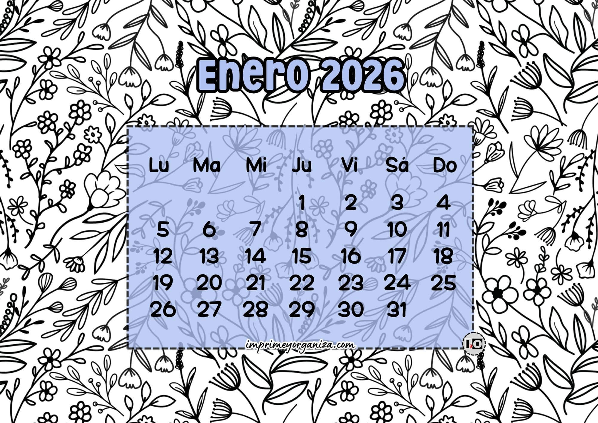 Calendario Mensual 2026 Flores Lila