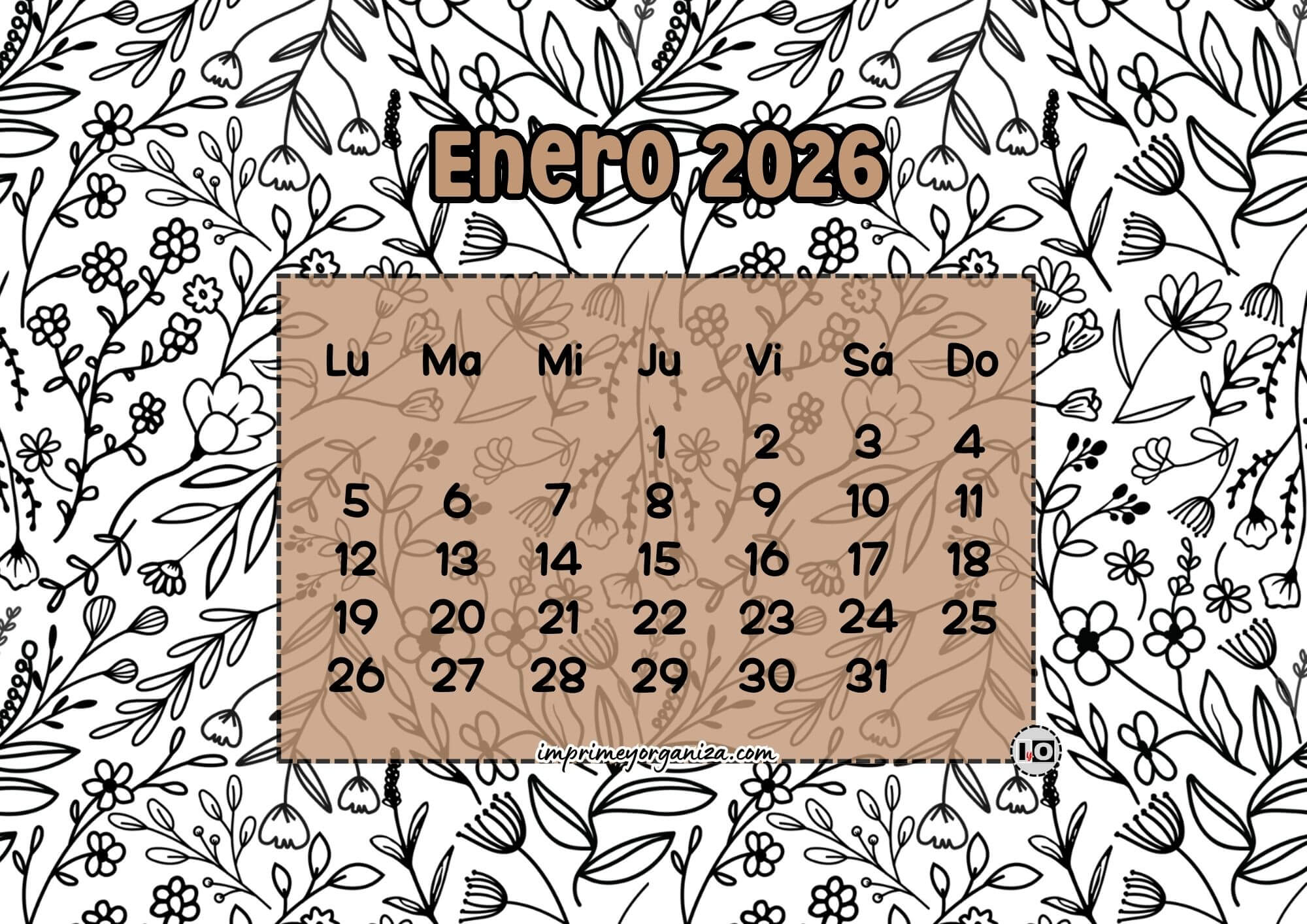 Calendario Mensual 2026 Flores Marrón