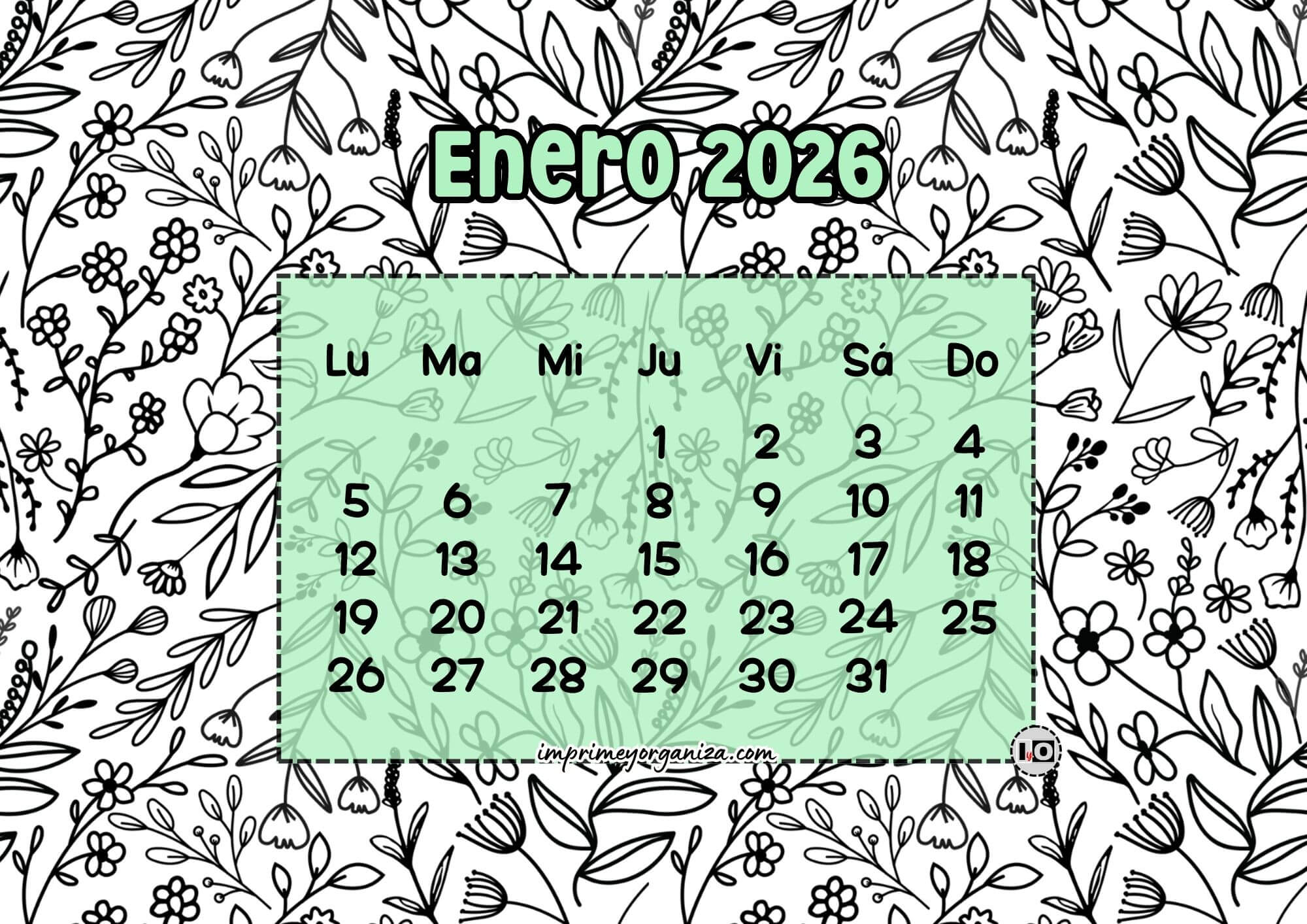 Calendario Mensual 2026 Flores Mint