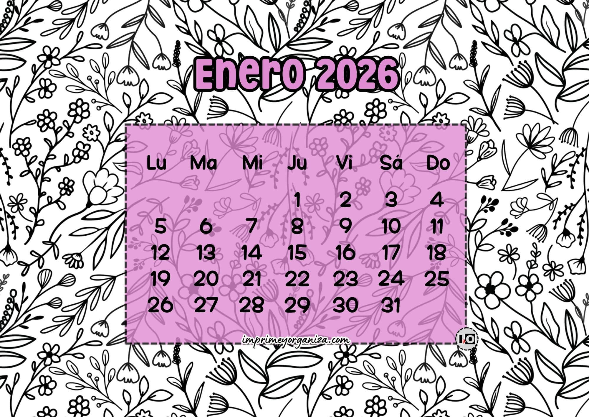 Calendario Mensual 2026 Flores Morado