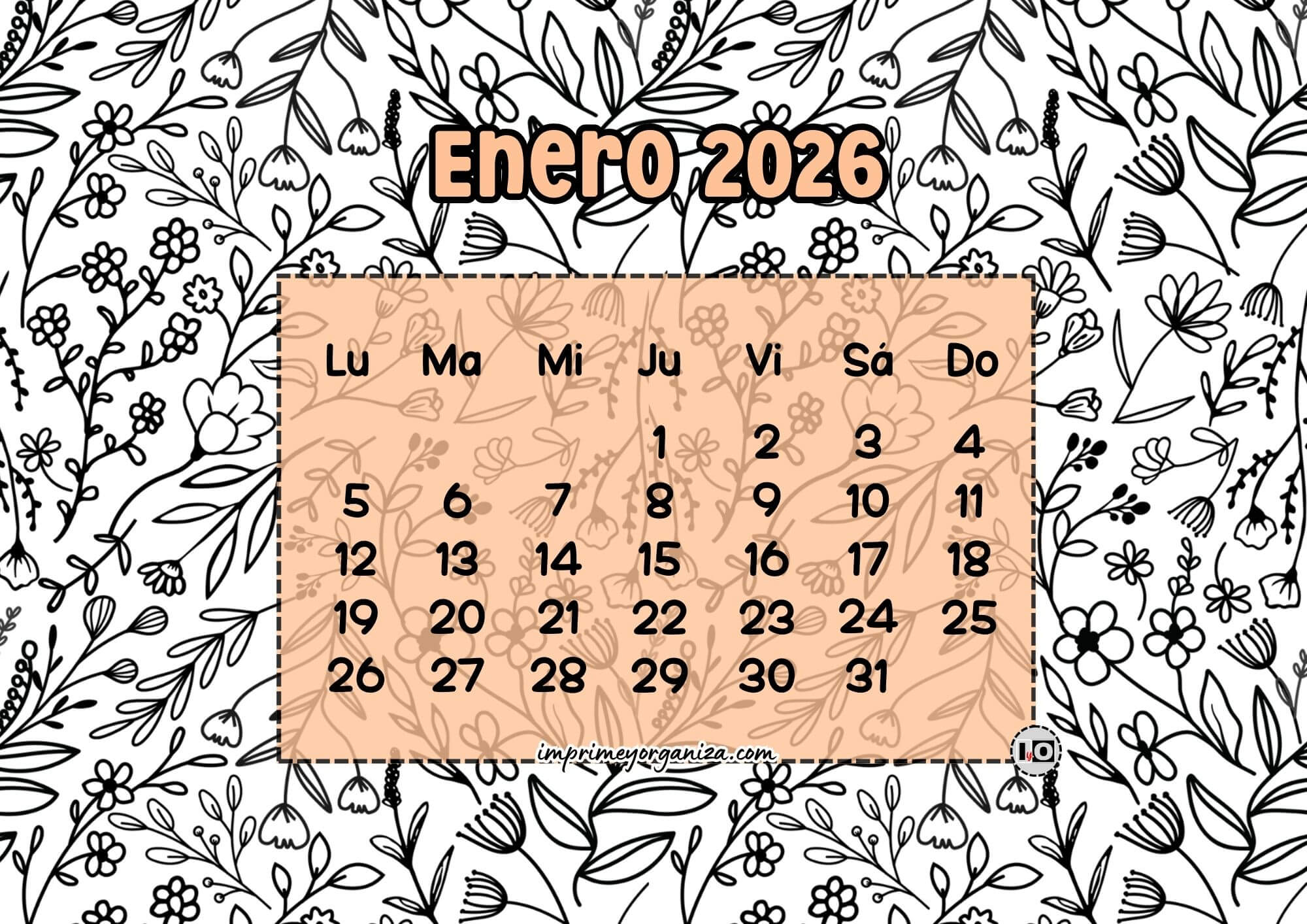 Calendario Mensual 2026 Flores Naranja
