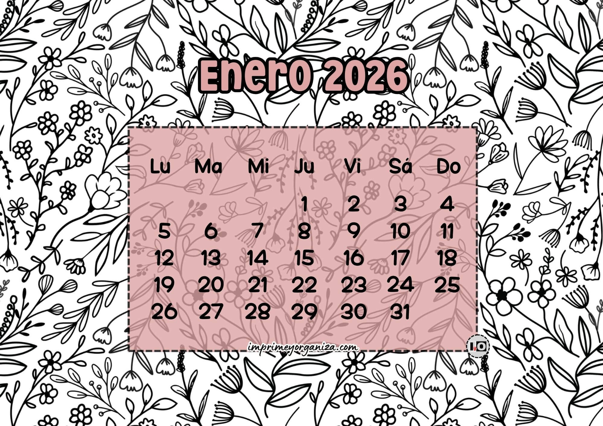 Calendario Mensual 2026 Flores Rosa