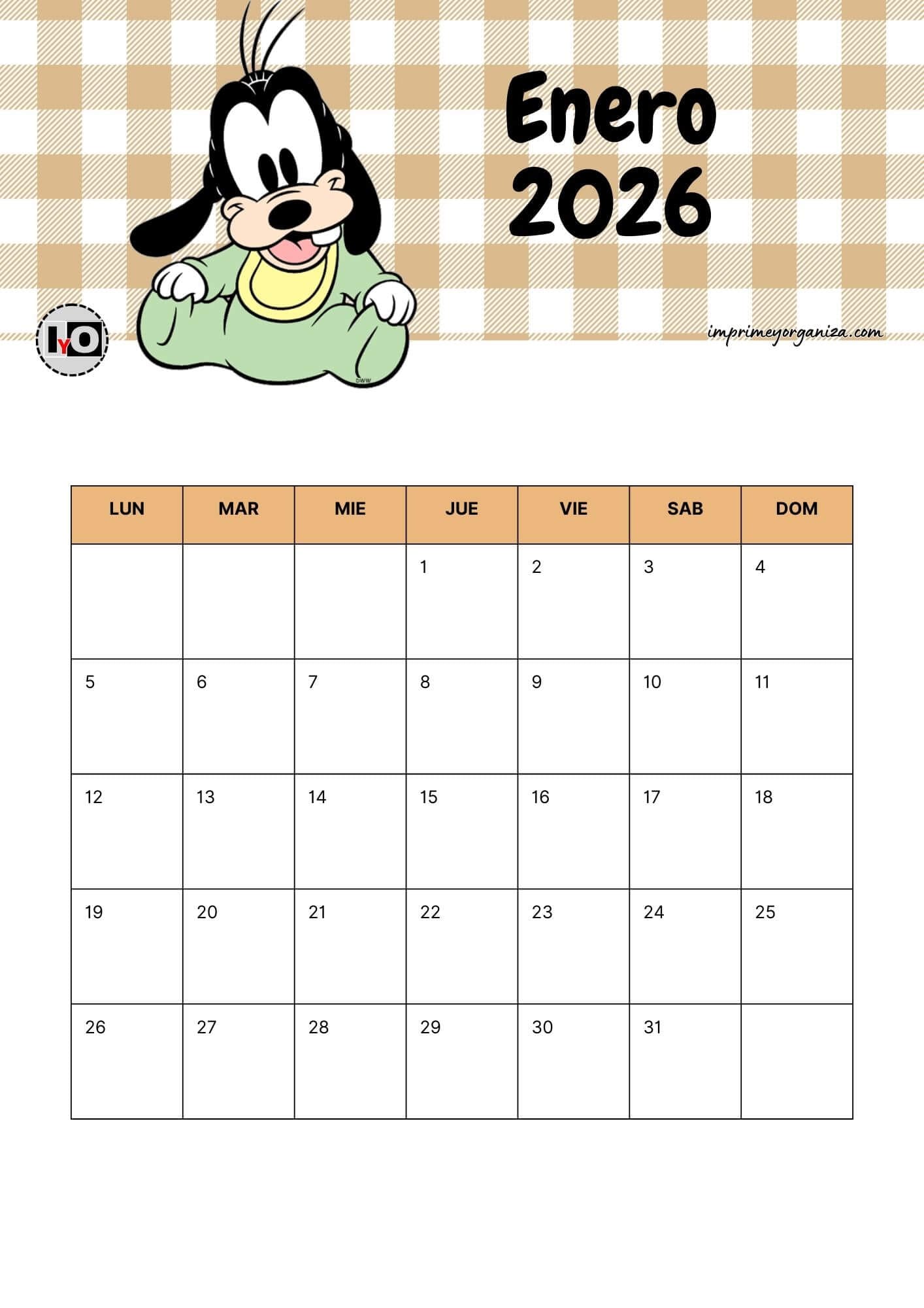Calendario Mensual 2026 Goofy