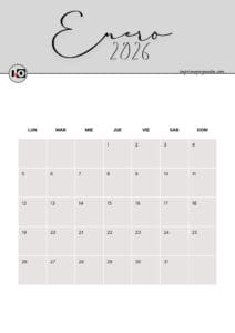 Calendario Mensual 2026 Gris