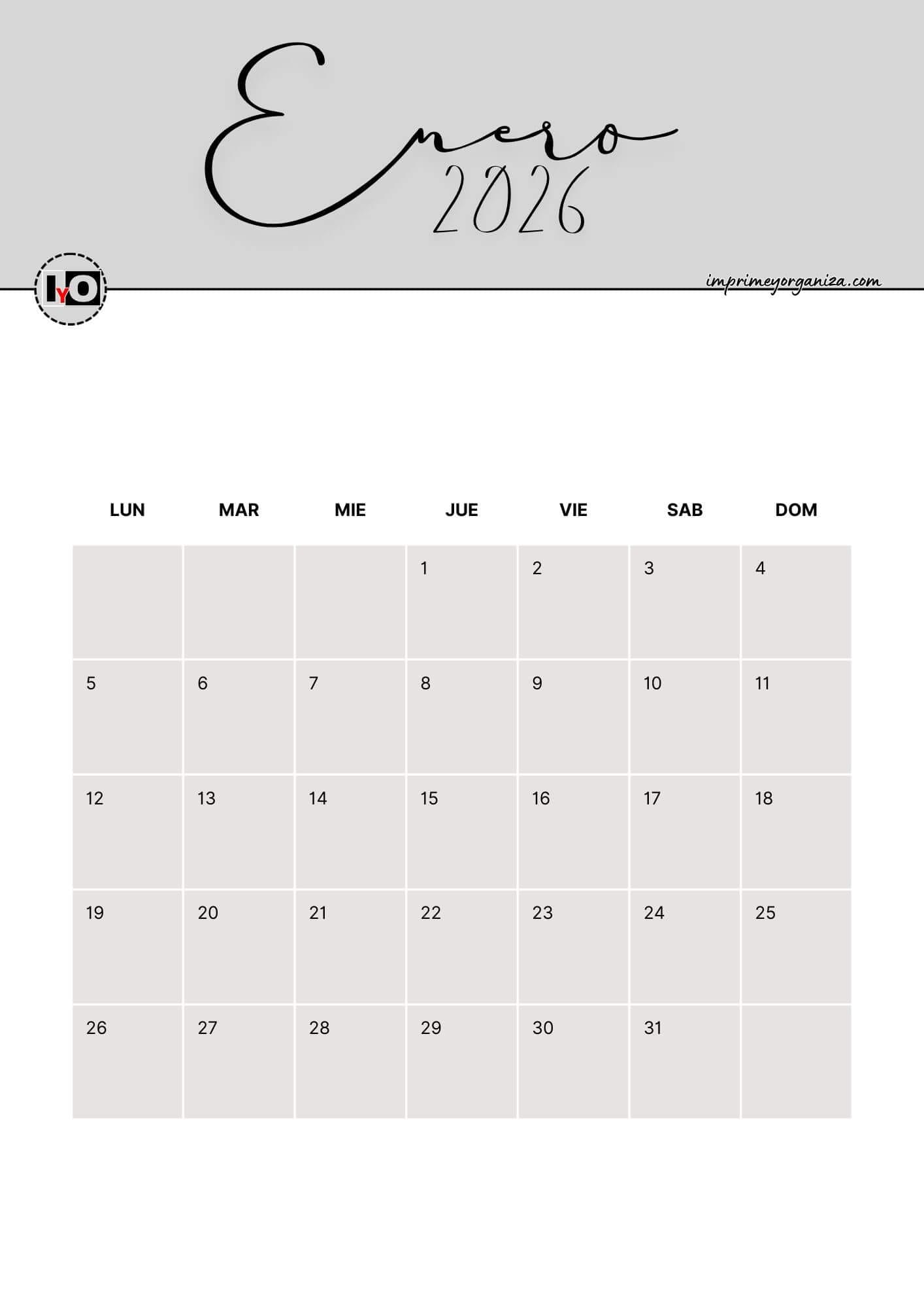 Calendario Mensual 2026 Gris