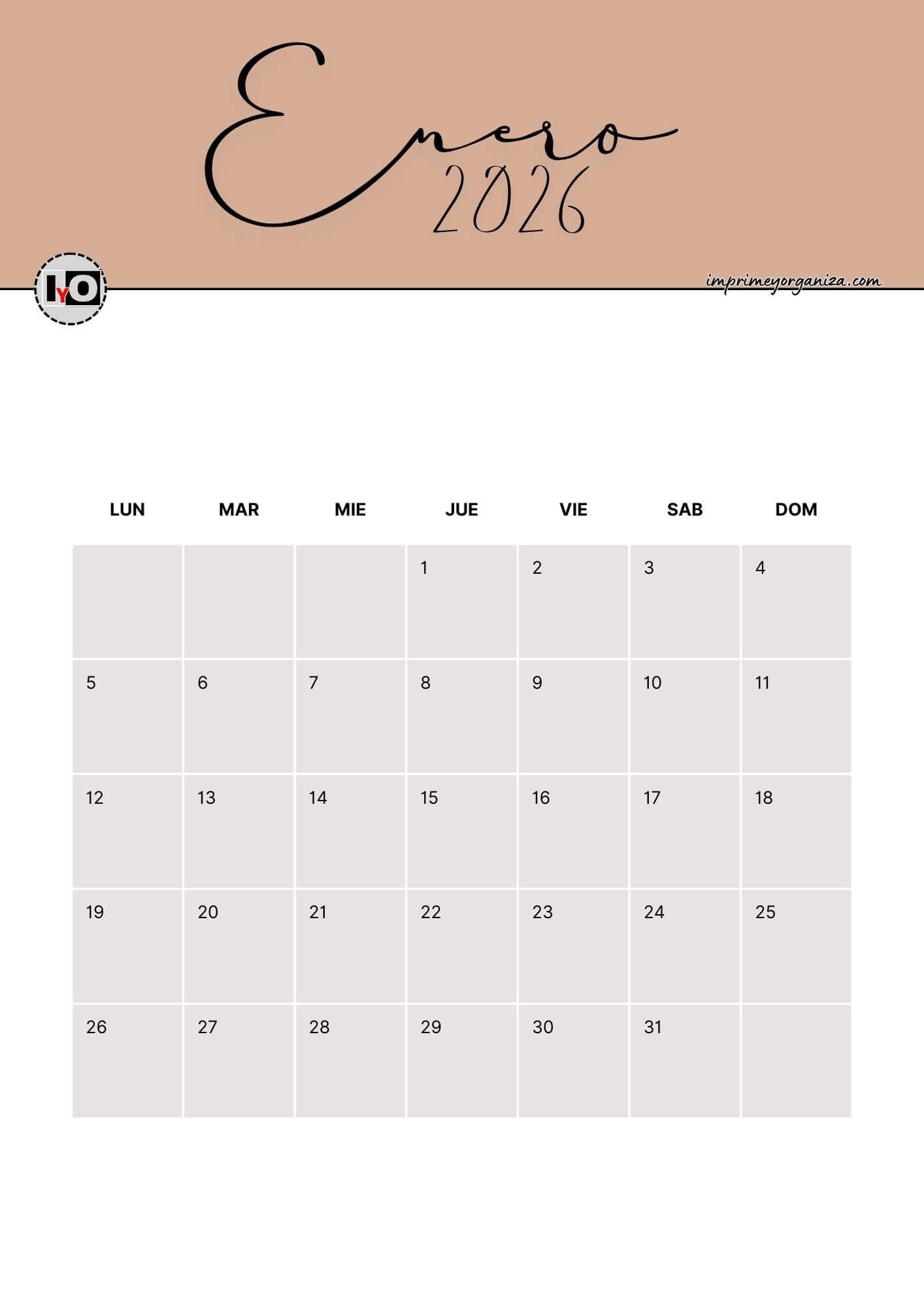 Calendario Mensual 2026 Marrón