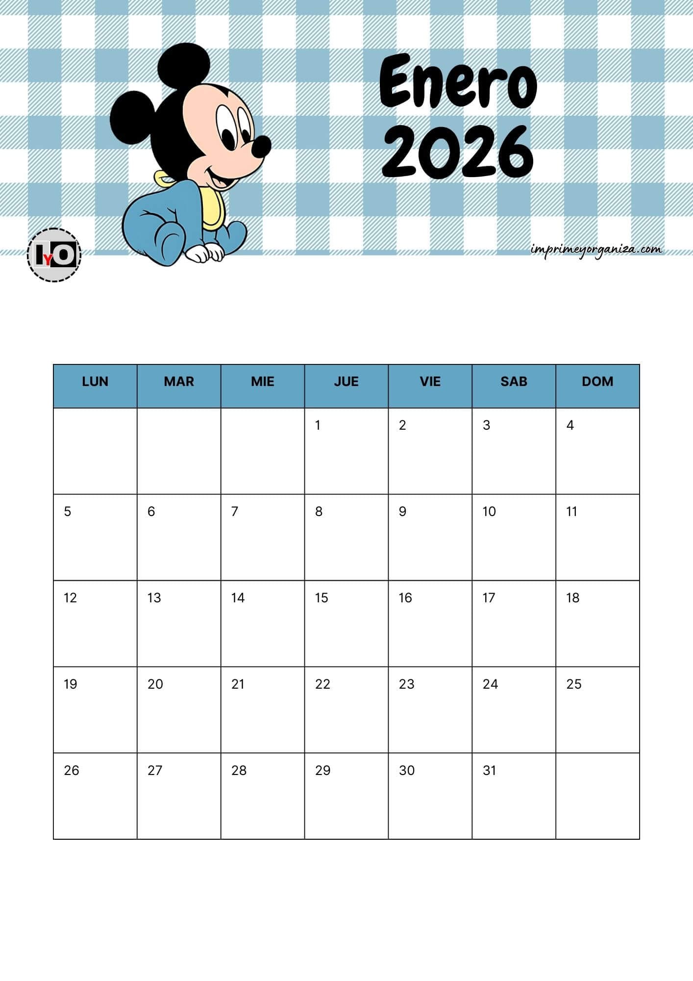 Calendario Mensual 2026 Mickey