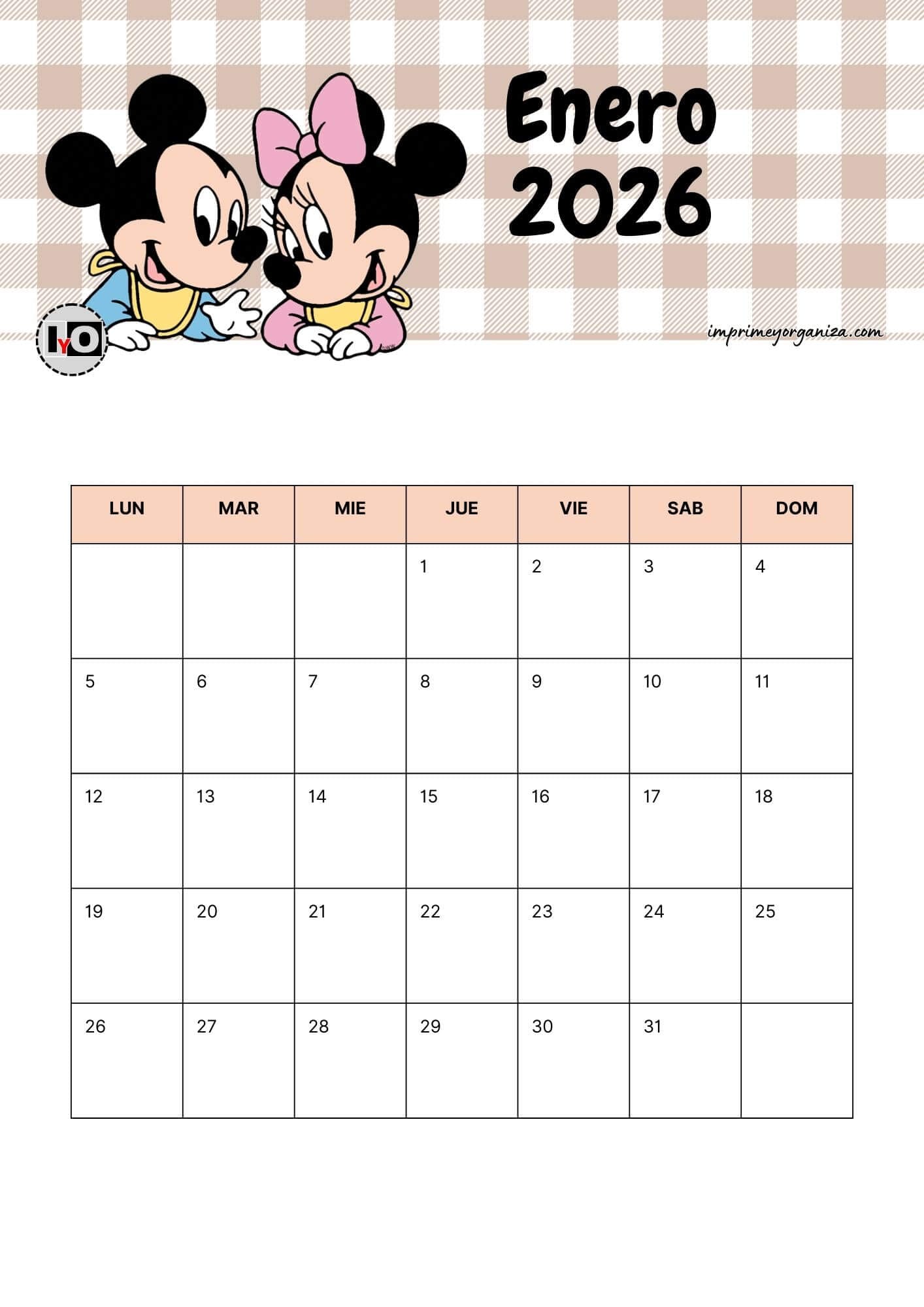 Calendario Mensual 2026 Mickey&Minnie