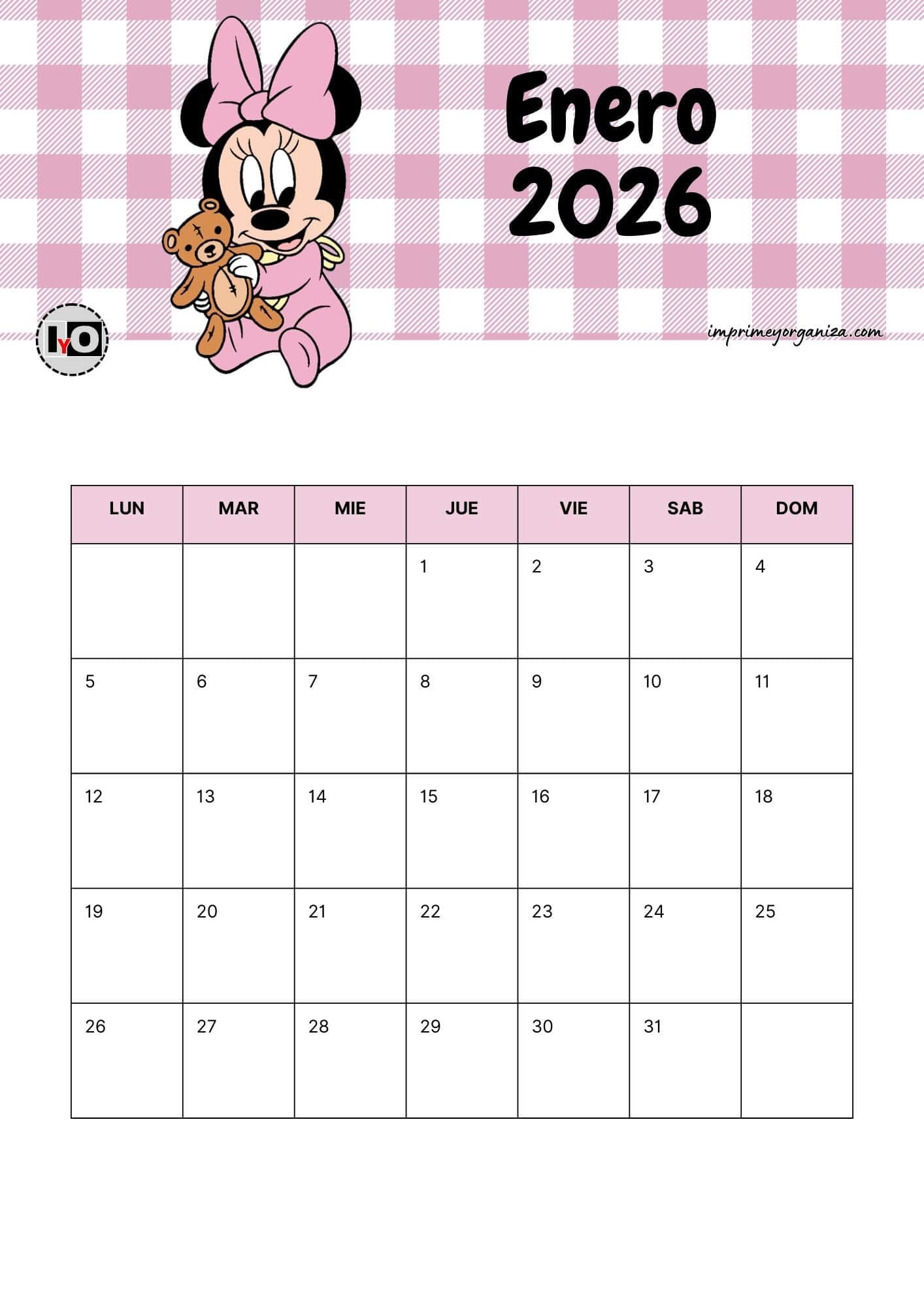 Calendario Mensual 2026 Minnie