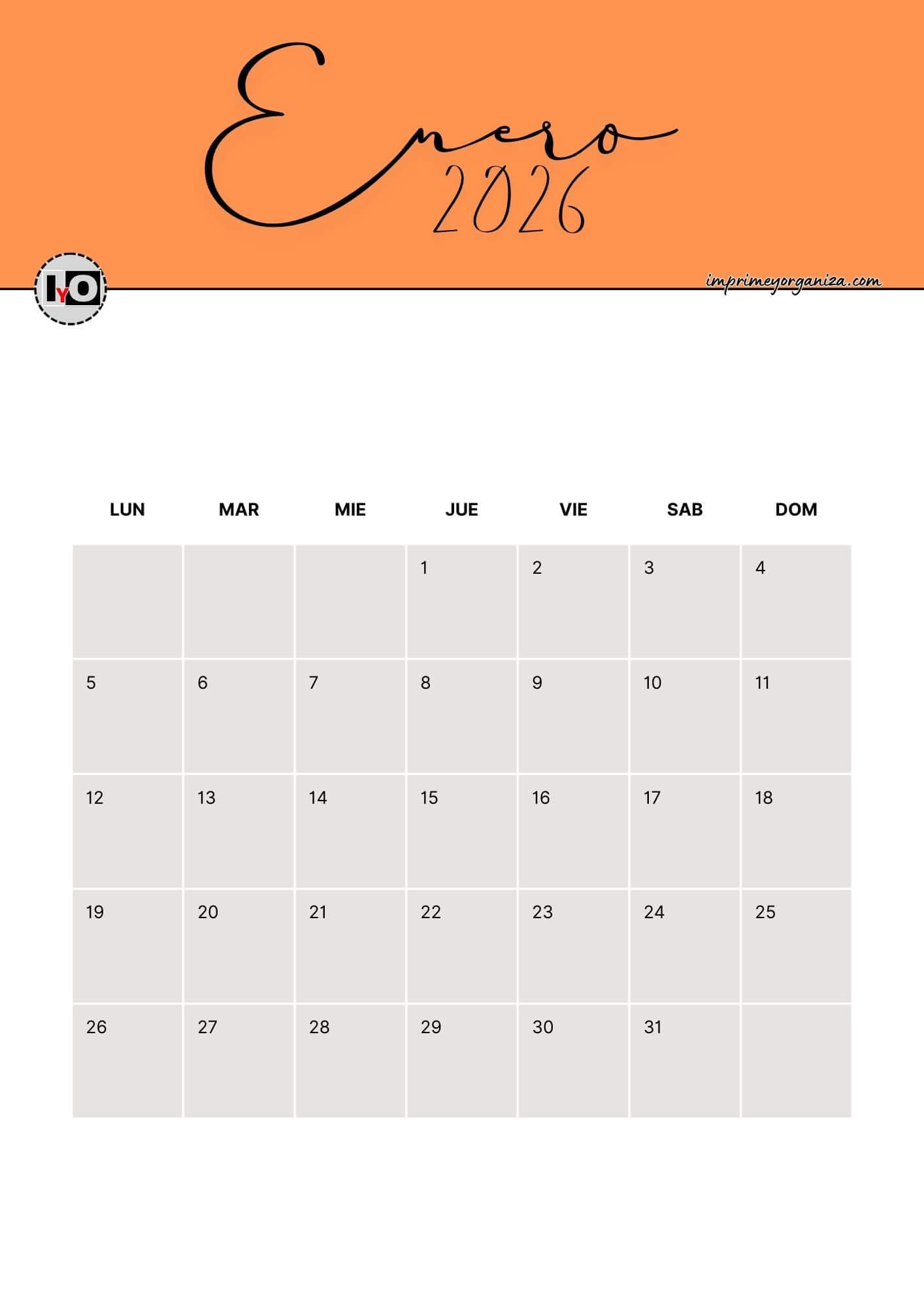 Calendario Mensual 2026 Naranja