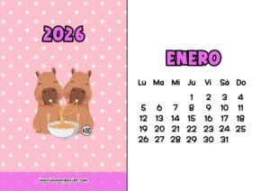Calendario Mensual 2026 Pareja de Capibaras