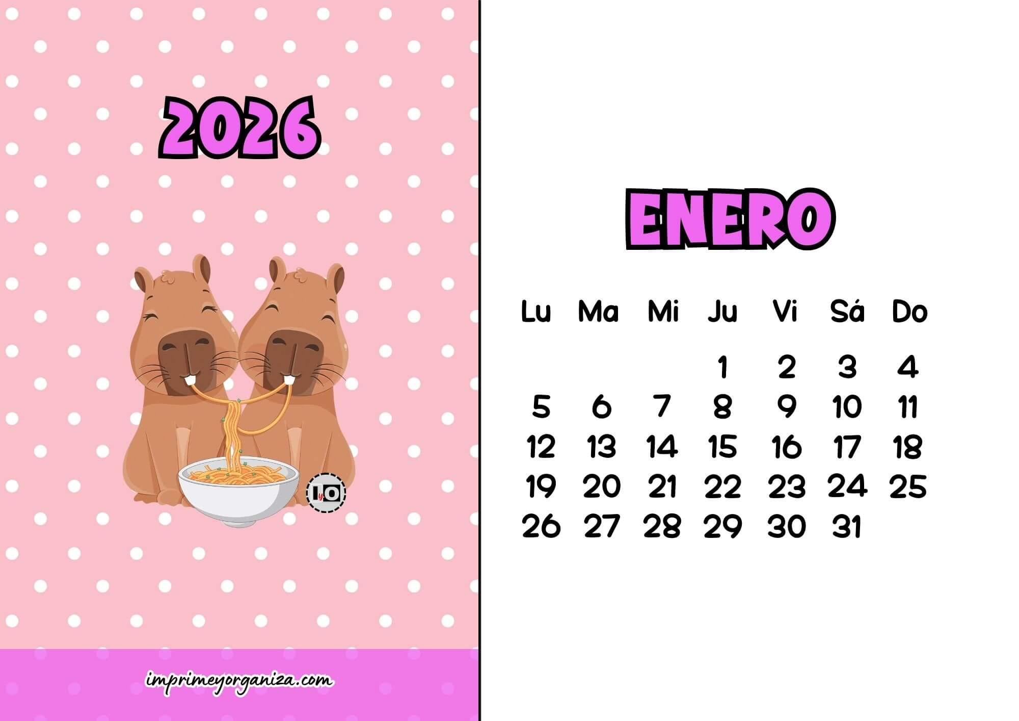 Calendario Mensual 2026 Pareja de Capibaras