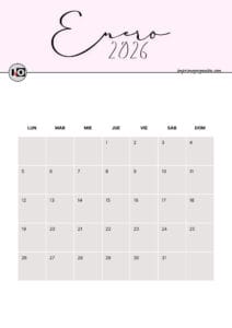 Calendario Mensual 2026 Rosa