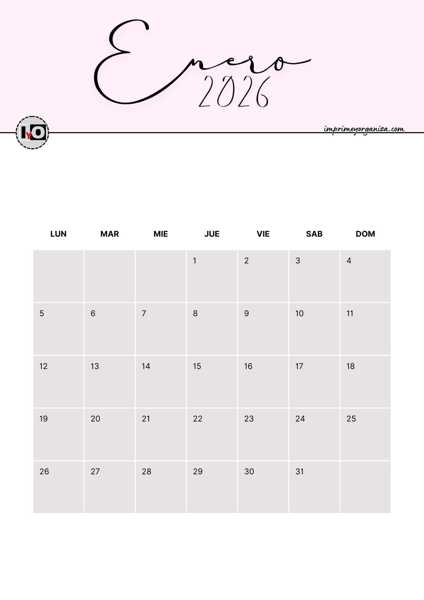 Calendario Mensual 2026 Rosa