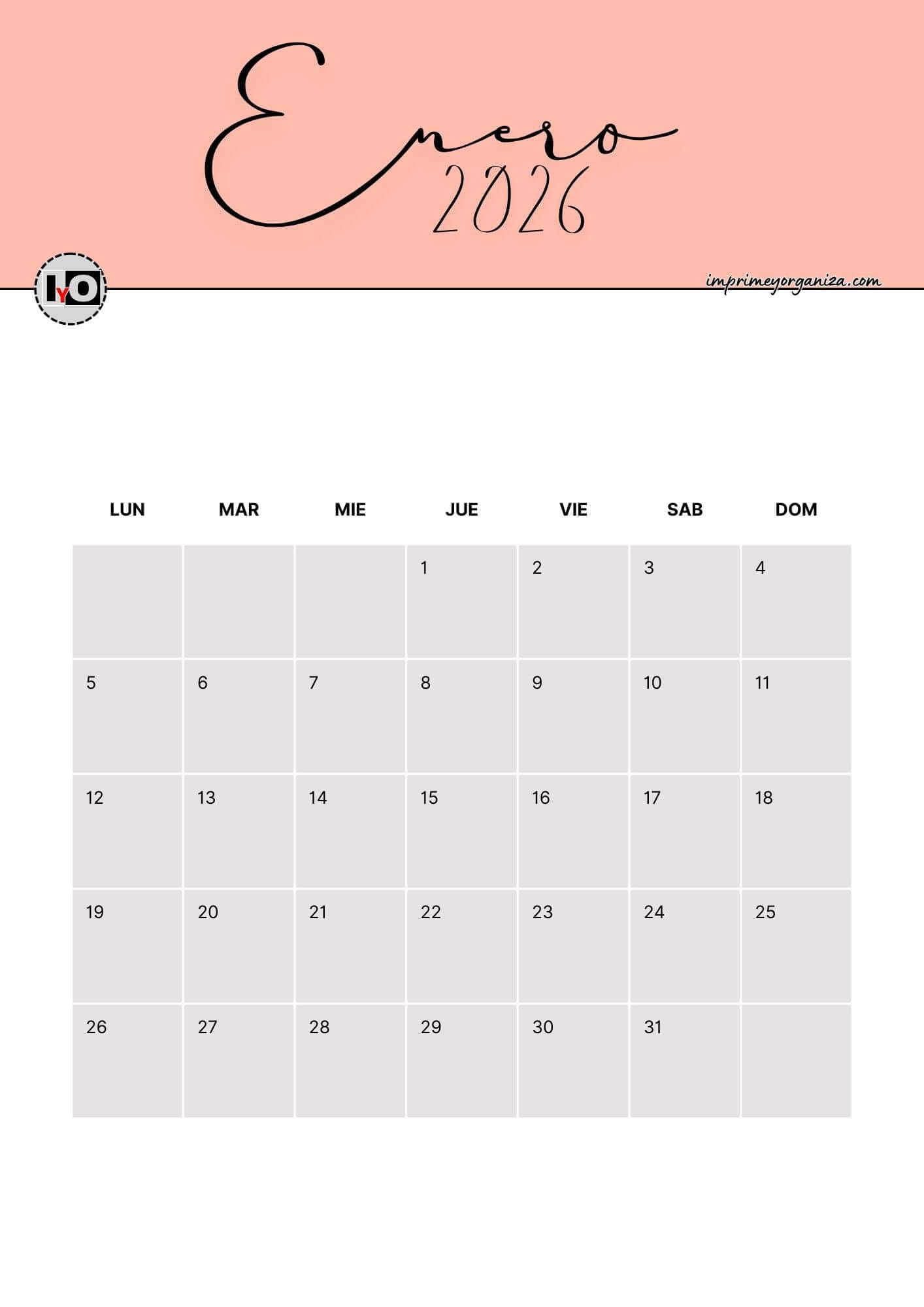 Calendario Mensual 2026 Salmón