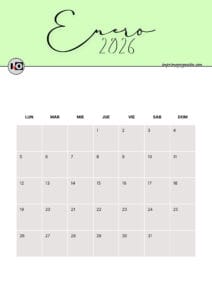 Calendario Mensual 2026 Verde