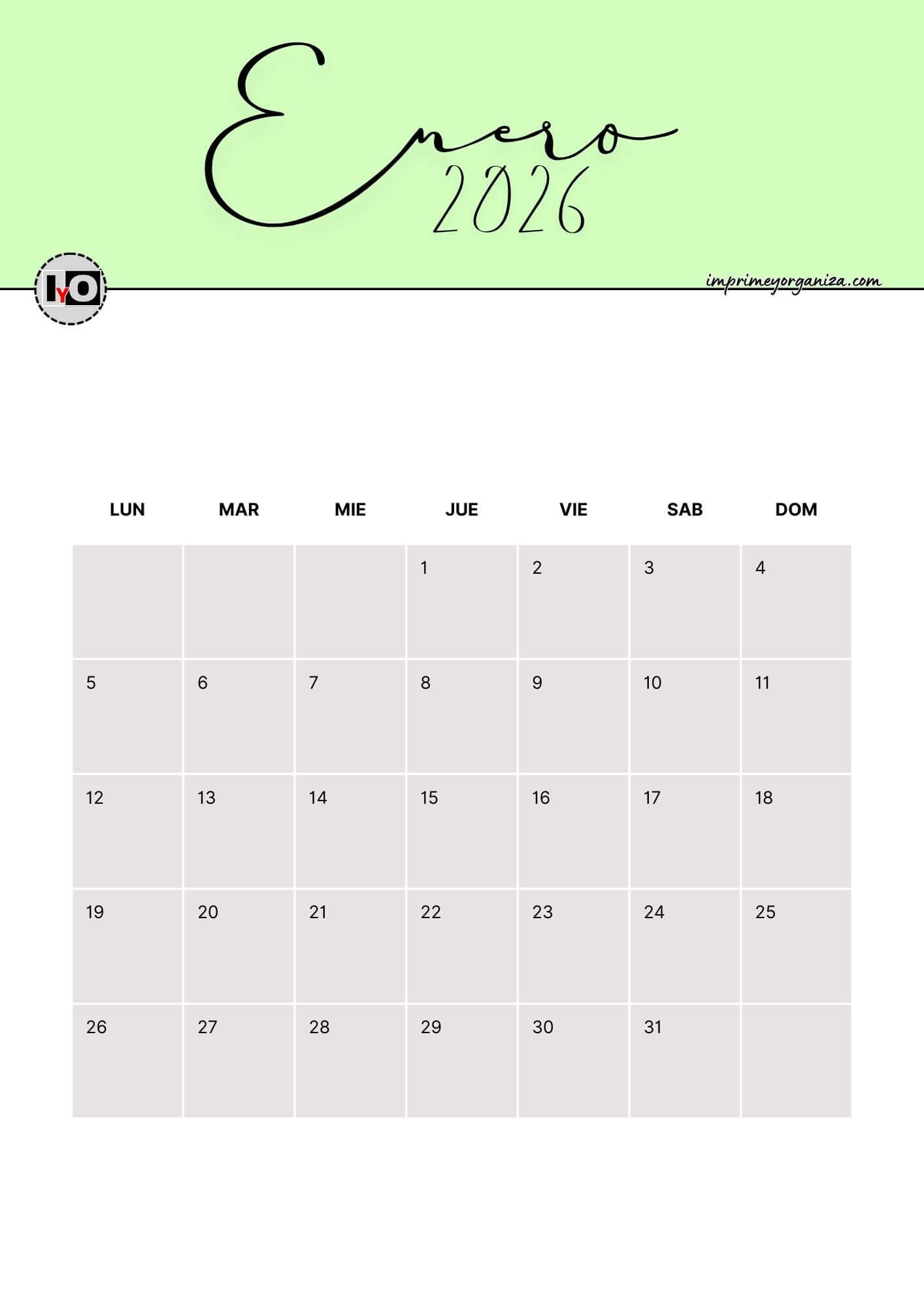 Calendario Mensual 2026 Verde