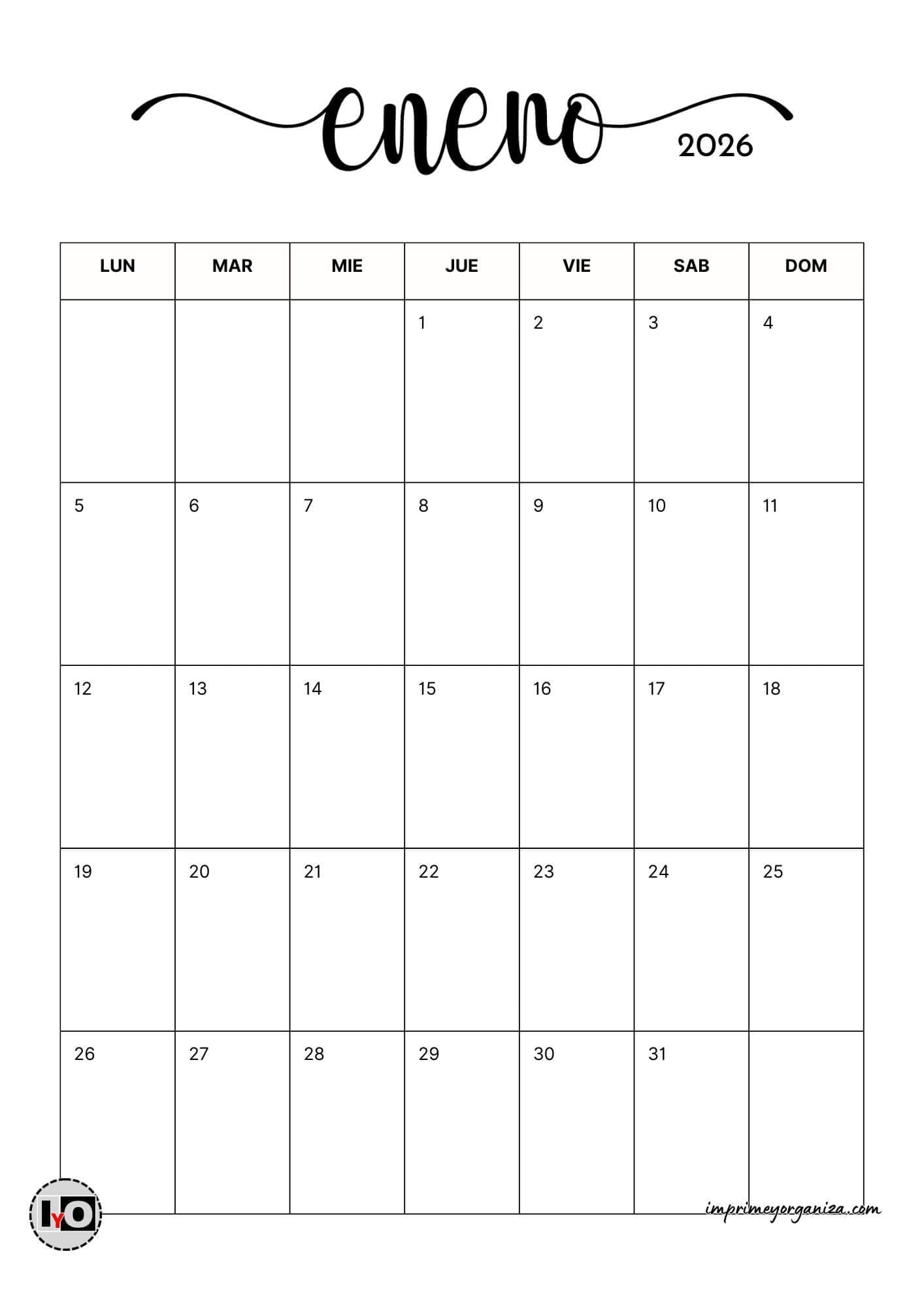 Calendario Mensual Minimalista 2026