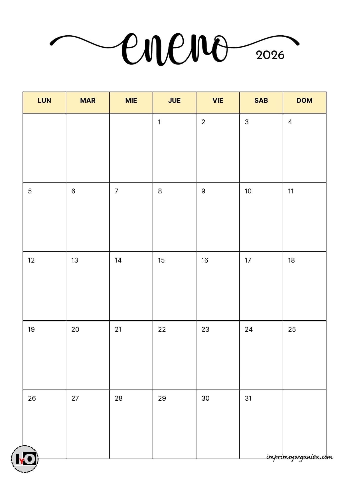 Calendario Mensual Minimalista 2026 Amarillo