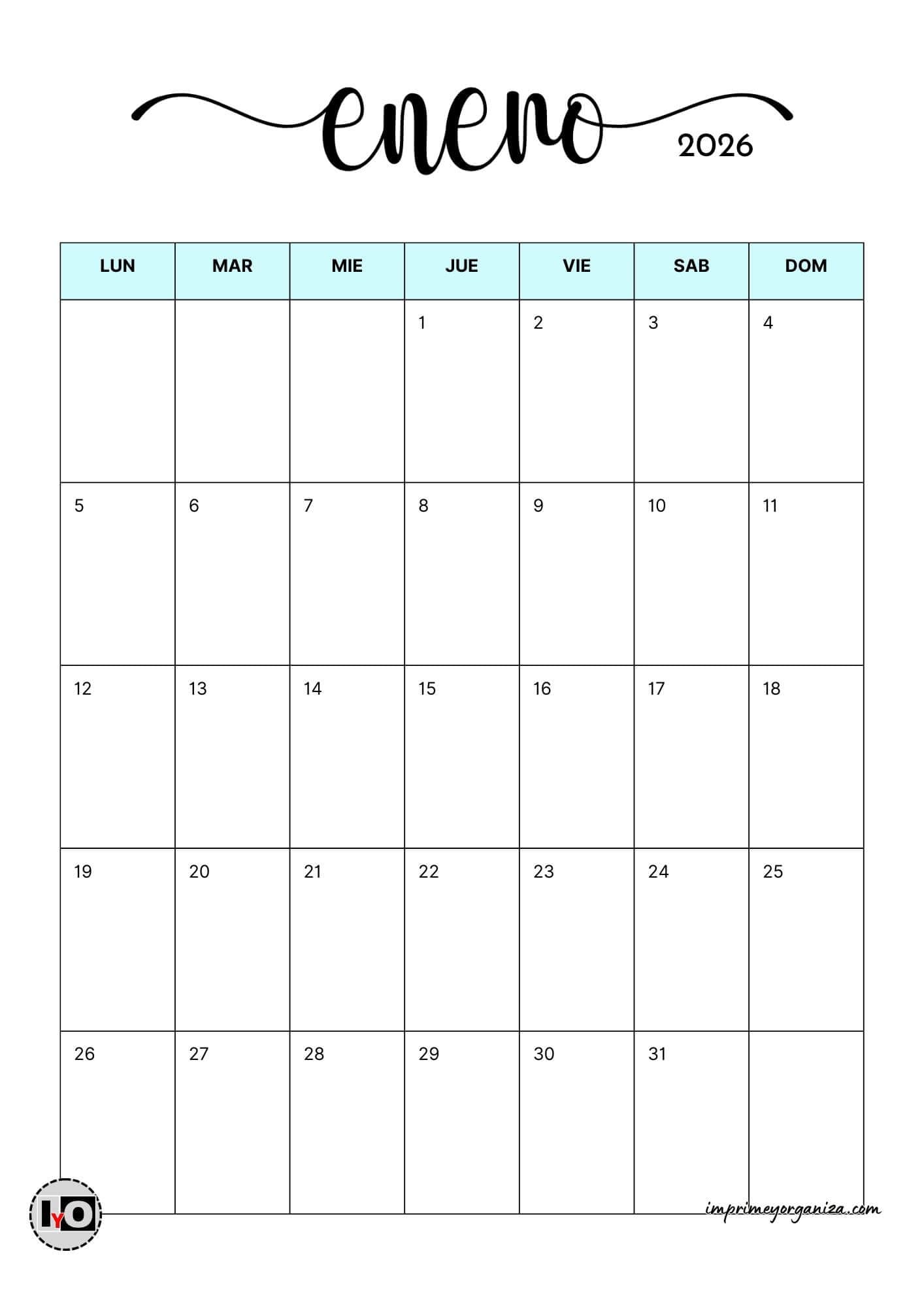 Calendario Mensual Minimalista 2026 Azul