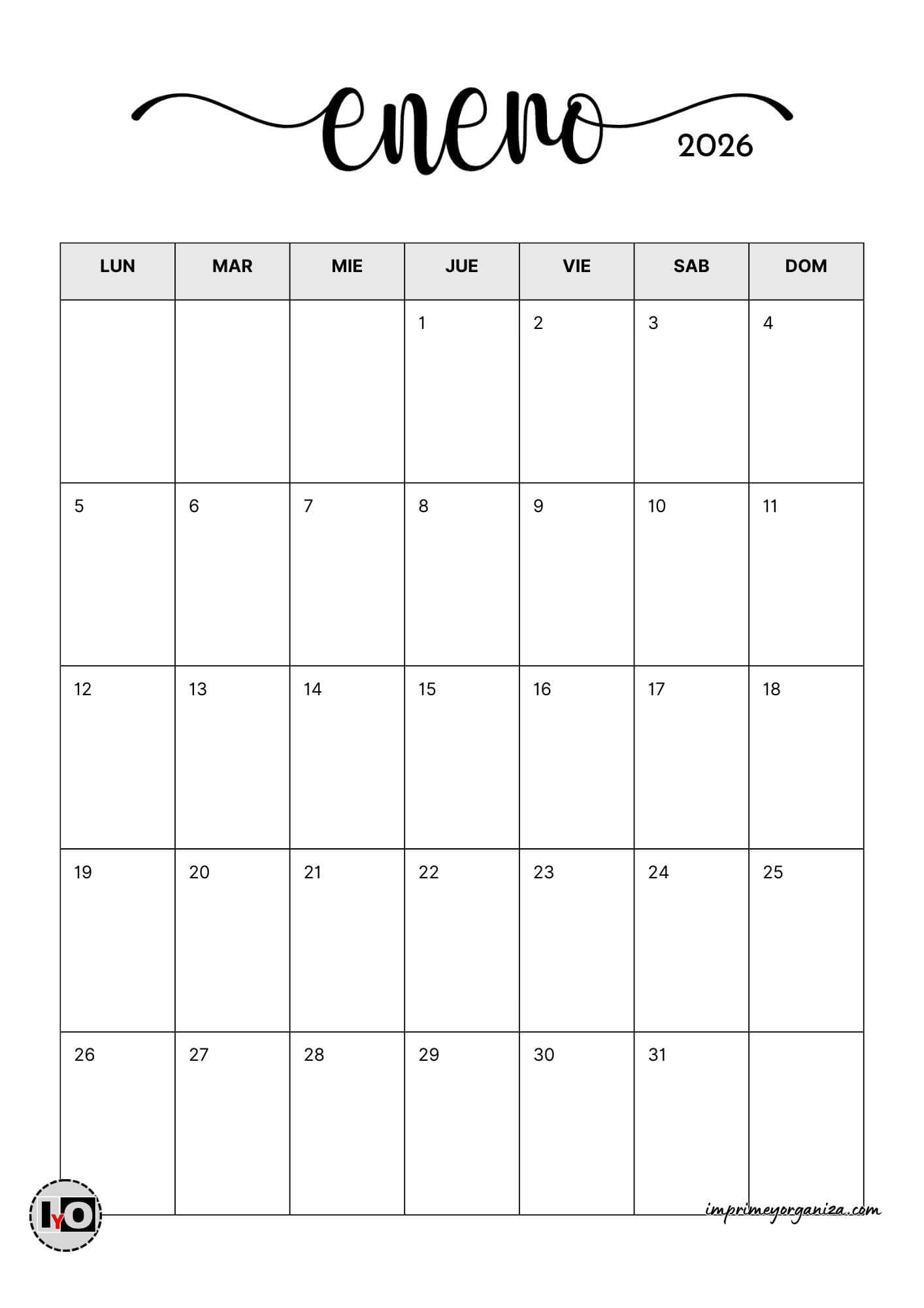 Calendario Mensual Minimalista 2026 Gris