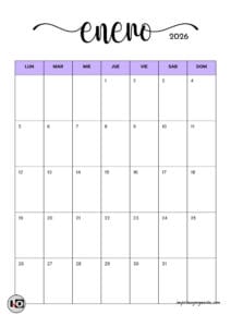 Calendario Mensual Minimalista 2026 Lila