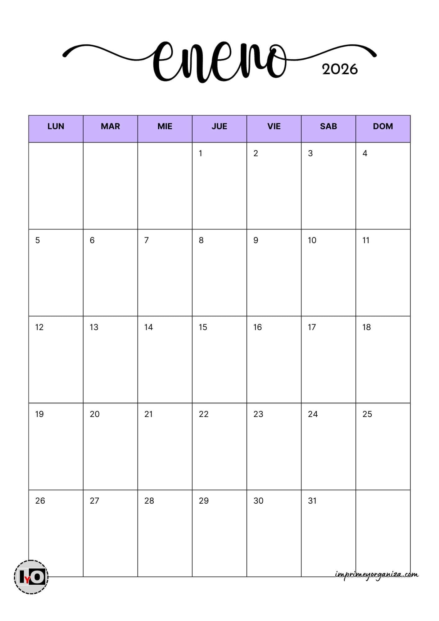 Calendario Mensual Minimalista 2026 Lila