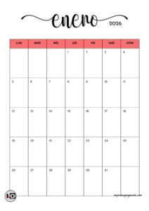 Calendario Mensual Minimalista 2026 Rojo