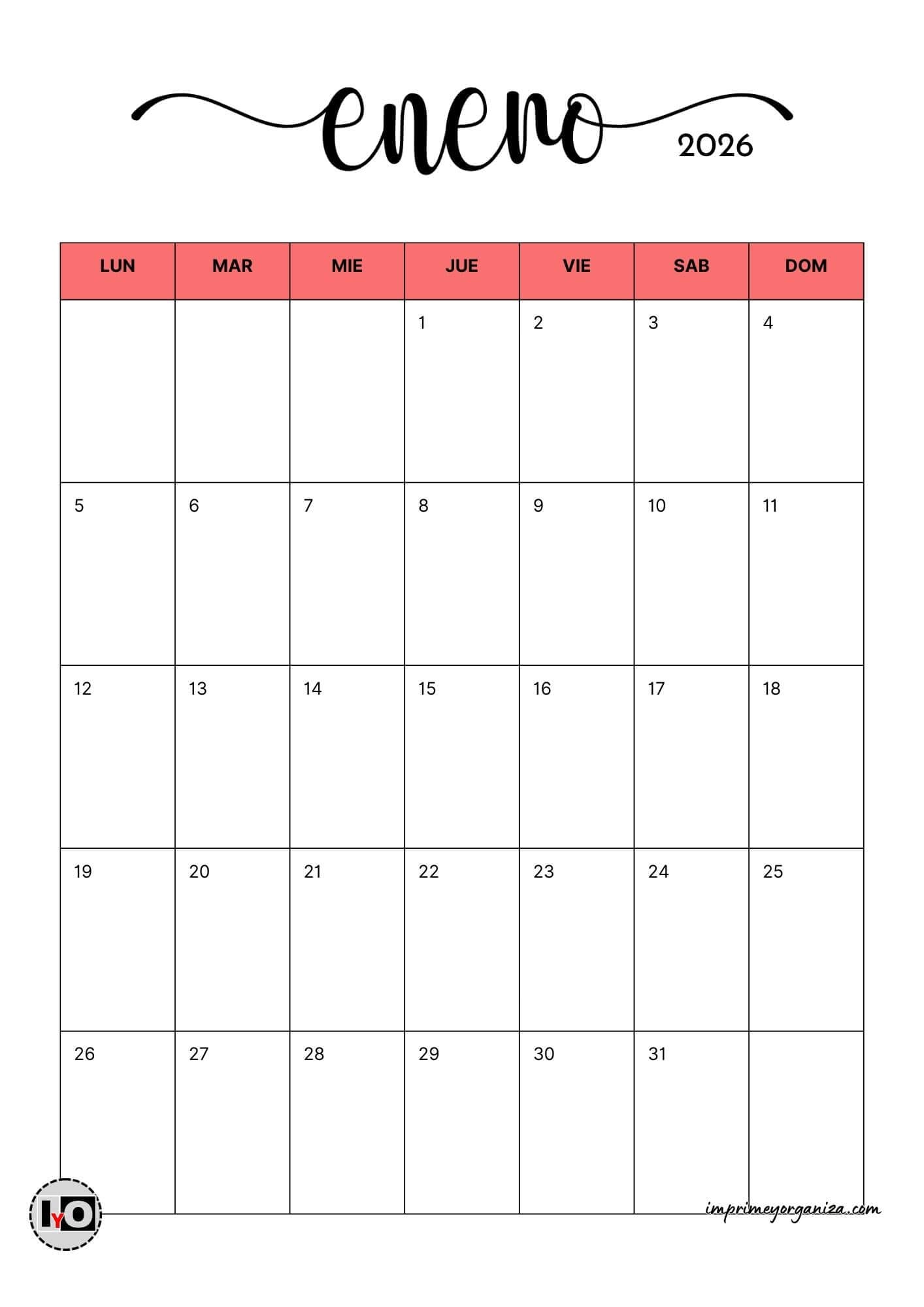Calendario Mensual Minimalista 2026 Rojo