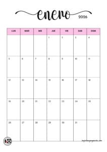 Calendario Mensual Minimalista 2026 Rosa