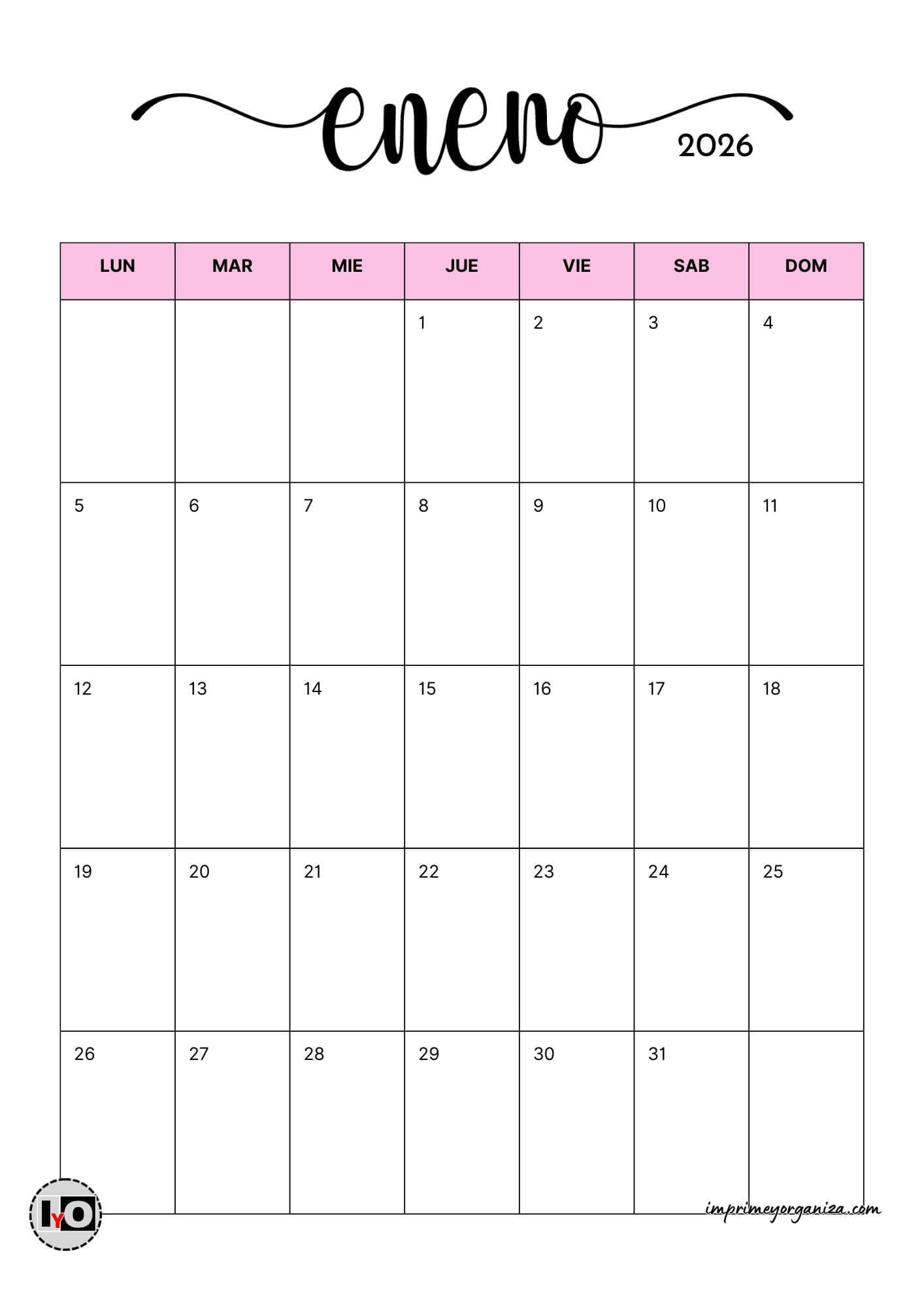 Calendario Mensual Minimalista 2026 Rosa