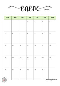 Calendario Mensual Minimalista 2026 Verde