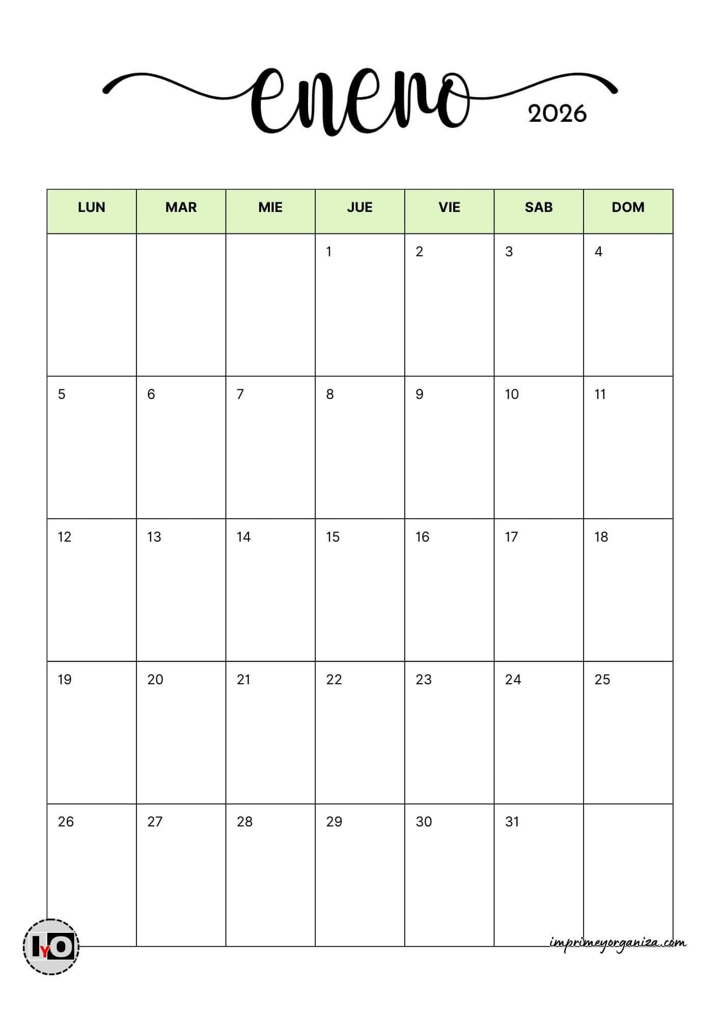 Calendario Mensual Minimalista 2026 Verde