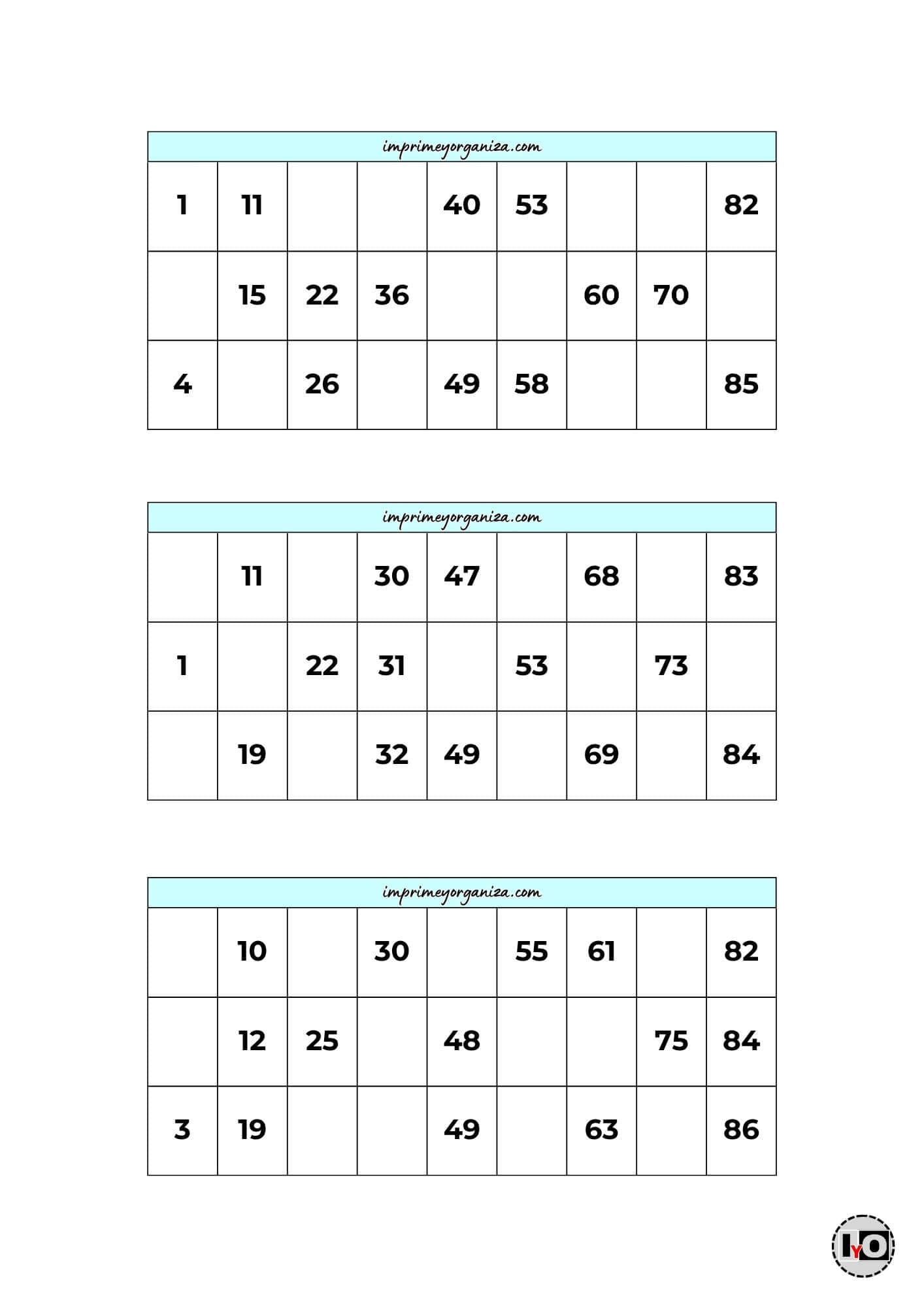 Cartones de Bingo Azul Pastel