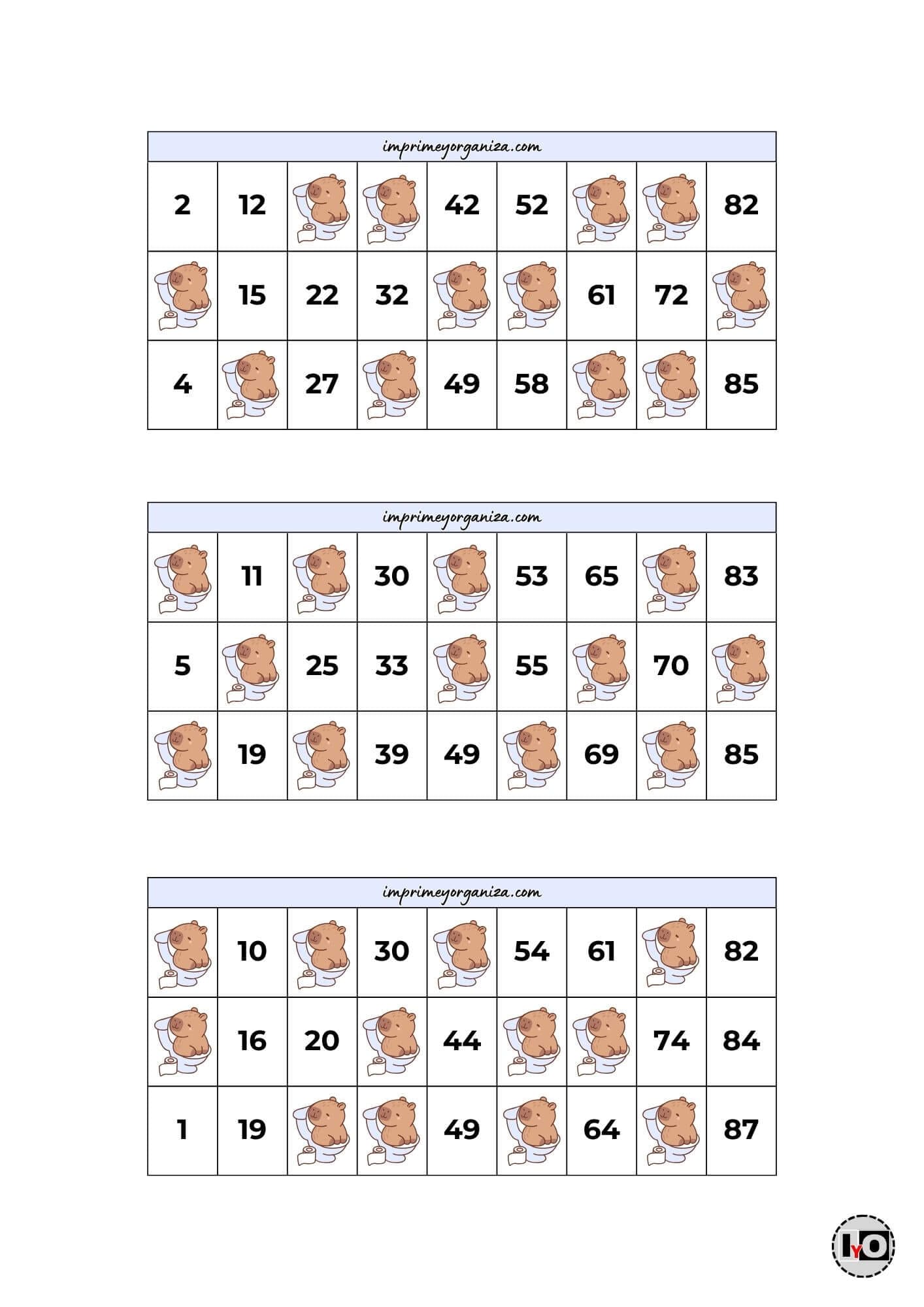 Cartones de Bingo Capibaras Azules