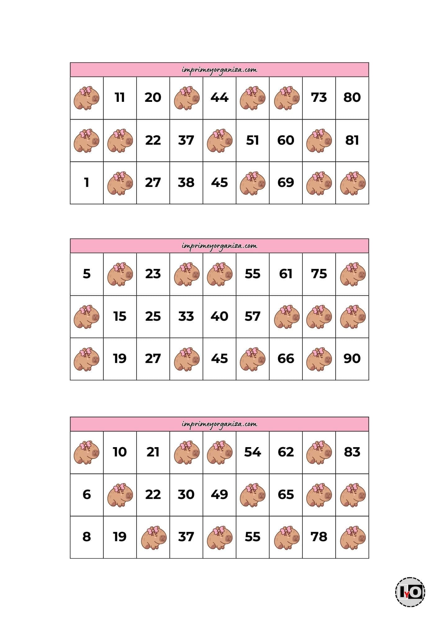 Cartones de Bingo Capibaras Rosas