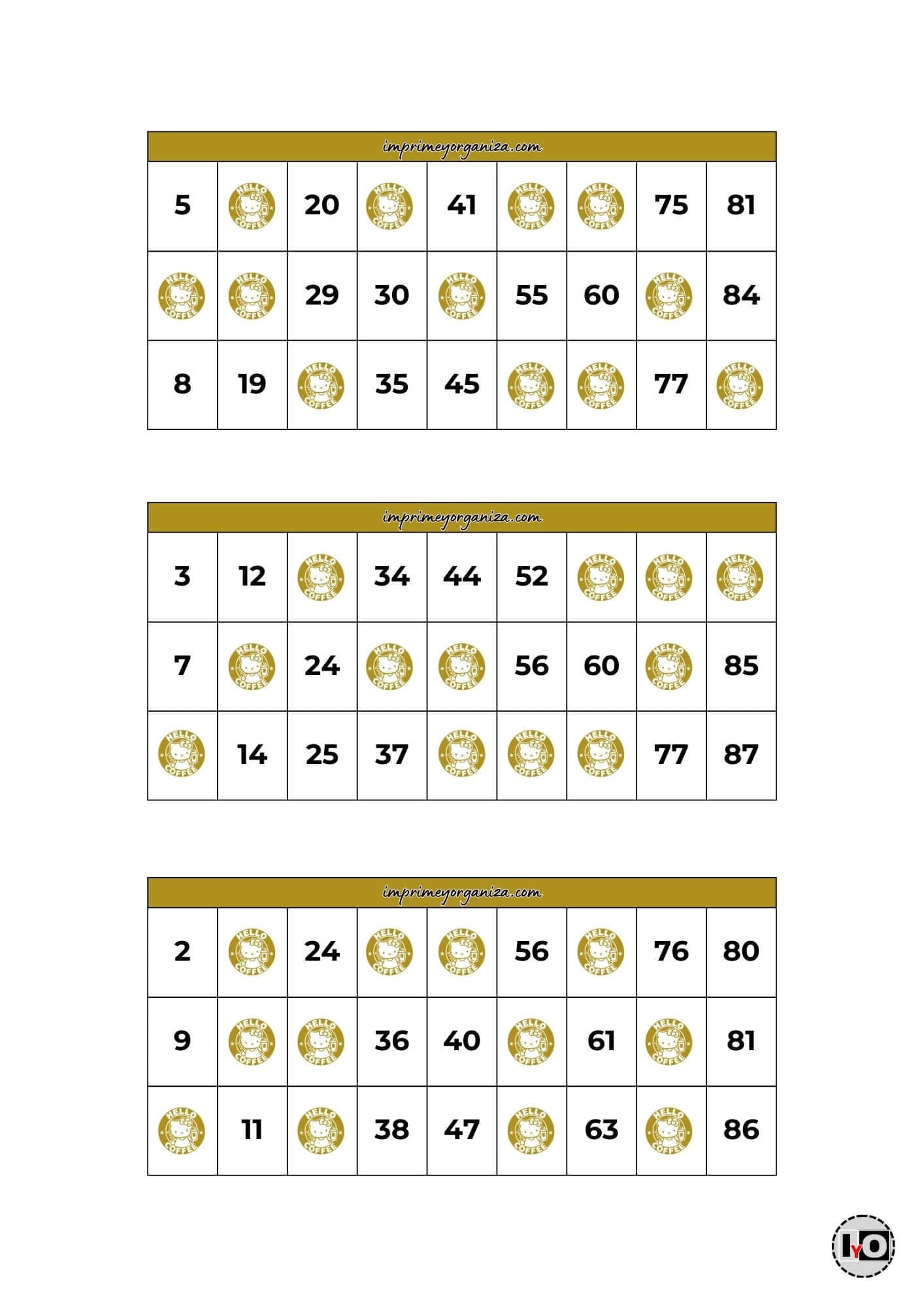 Cartones de Bingo Hello Kitty Gold