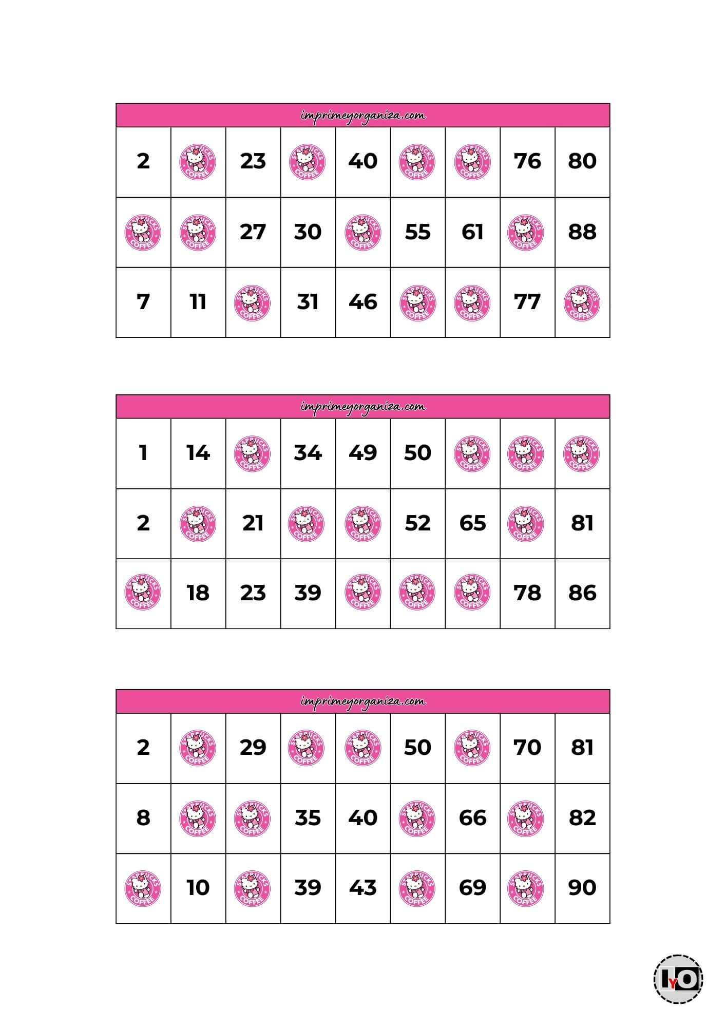Cartones de Bingo Hello Kitty en Rosa