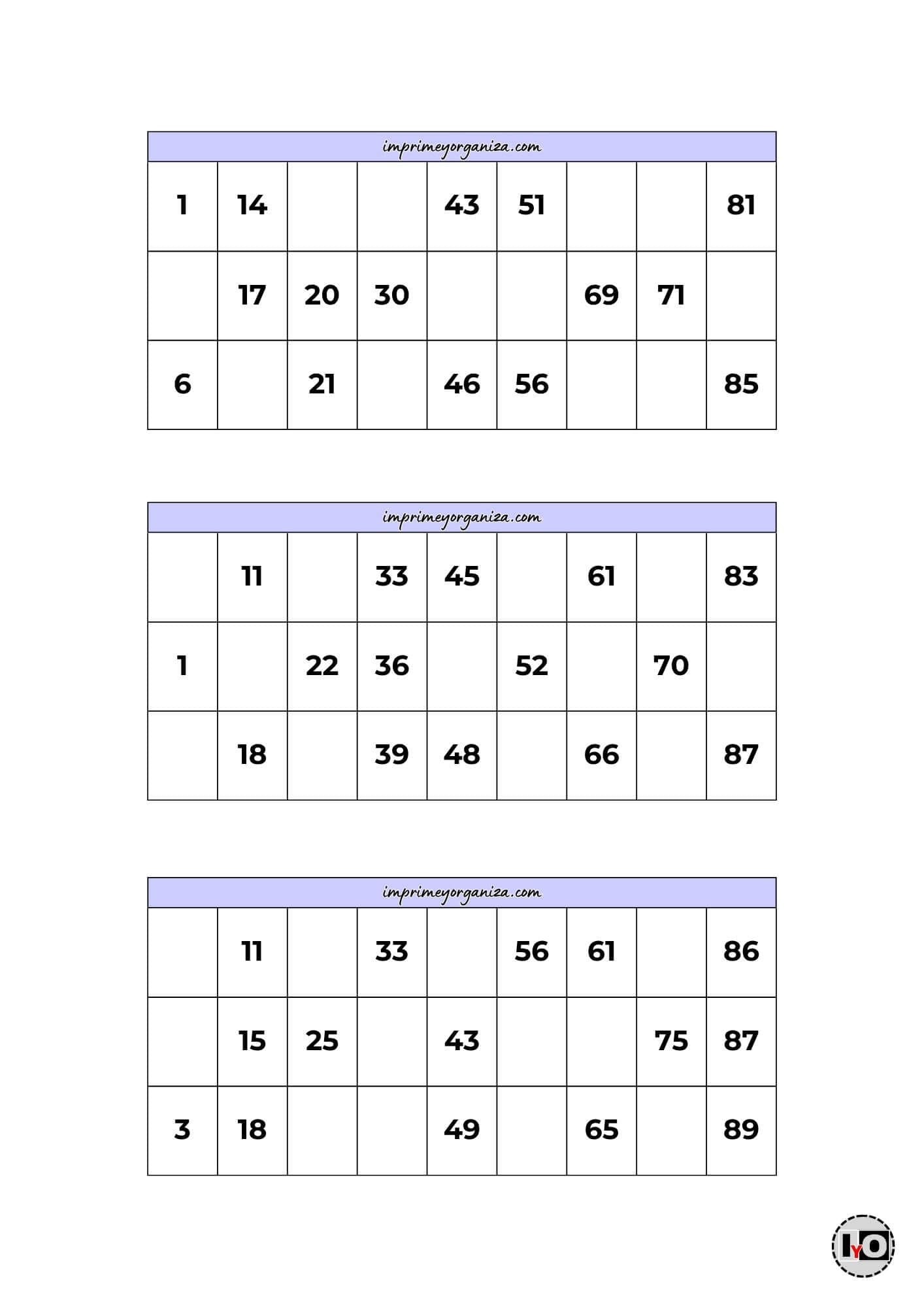 Cartones de Bingo Lila