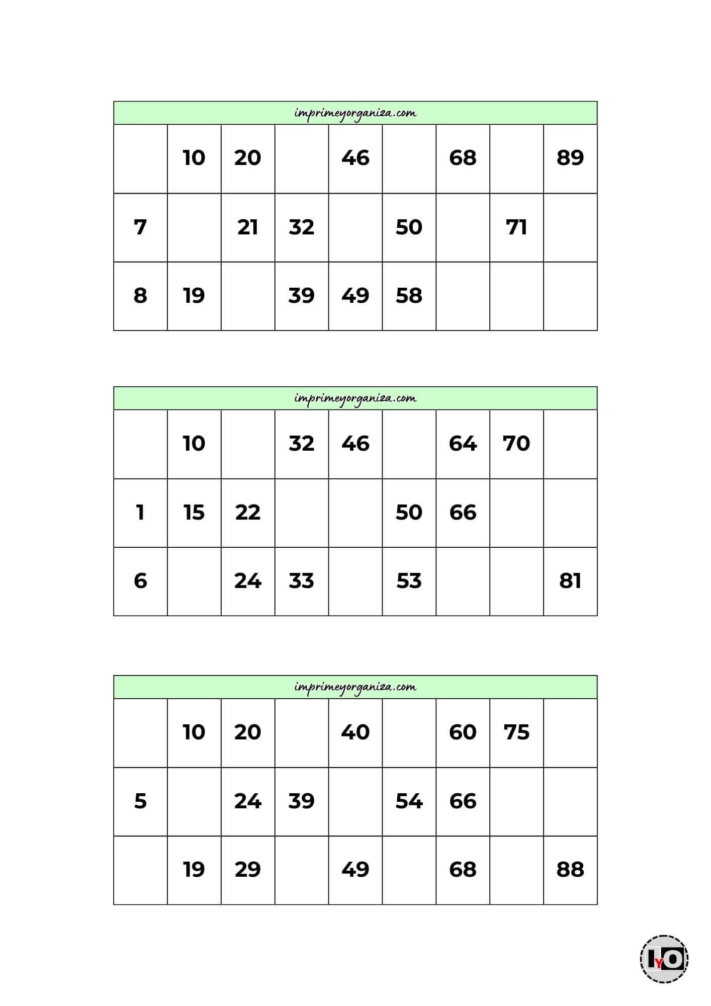 Cartones de Bingo Verde Pastel