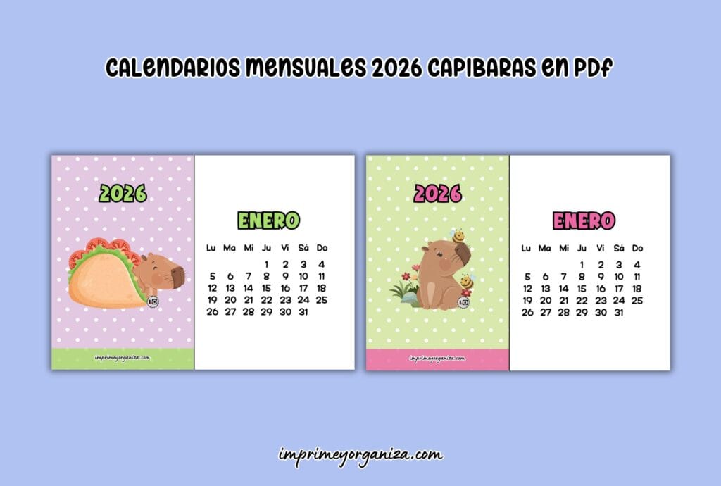 calendarios mensuales capibaras 2026 en PDF gratis