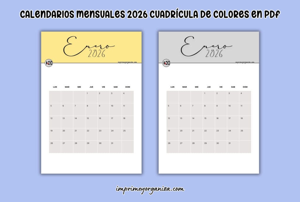 calendarios mensuales cuadrícula de colores 2026 para imprimir en PDF gratis