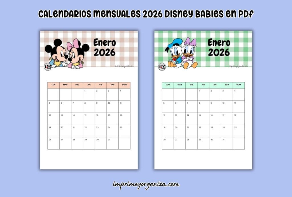 calendarios mensuales disney babies 2026 para imprimir en PDF gratis