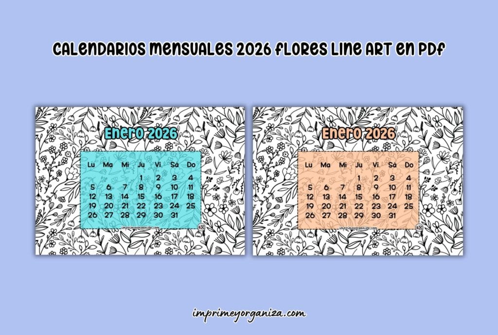 calendarios mensuales florales line art 2026 para imprimir en PDF gratis