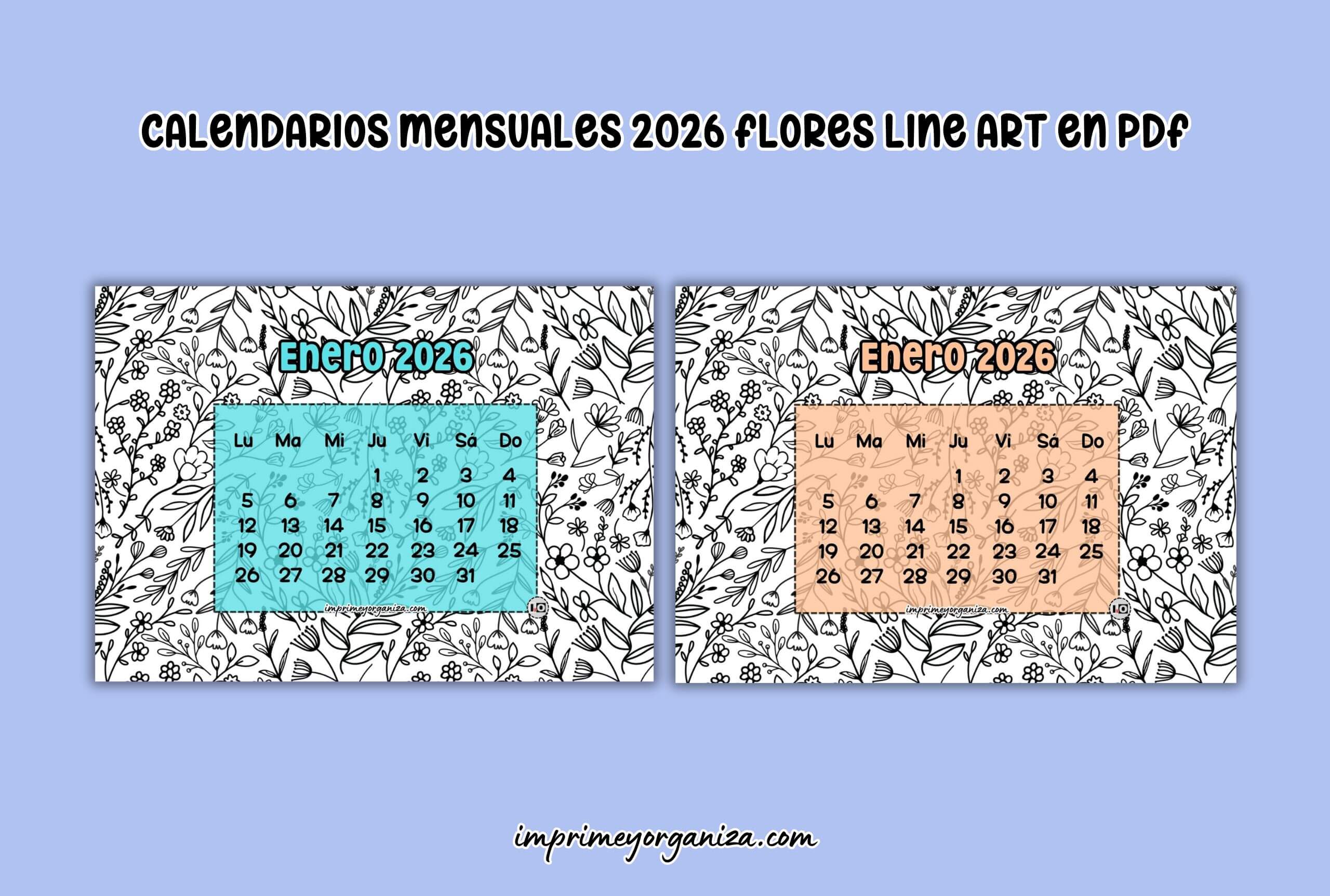 calendarios mensuales florales line art 2026 para imprimir en PDF gratis
