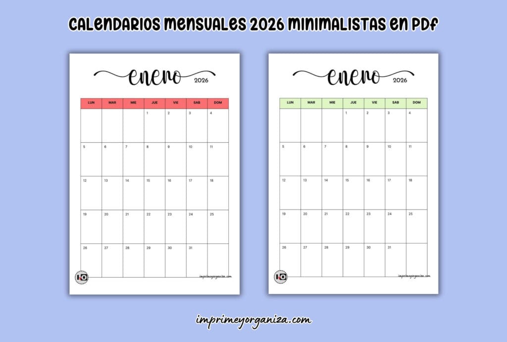 calendarios mensuales minimalistas 2026 en PDF gratis