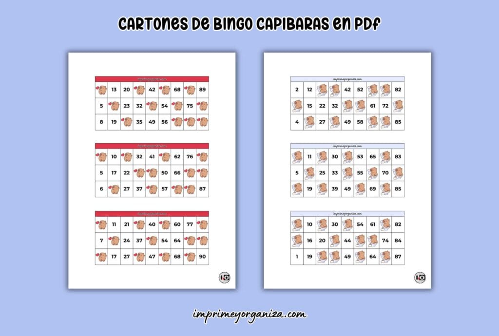 cartones de bingo capibaras colores para imprimir en PDF gratis