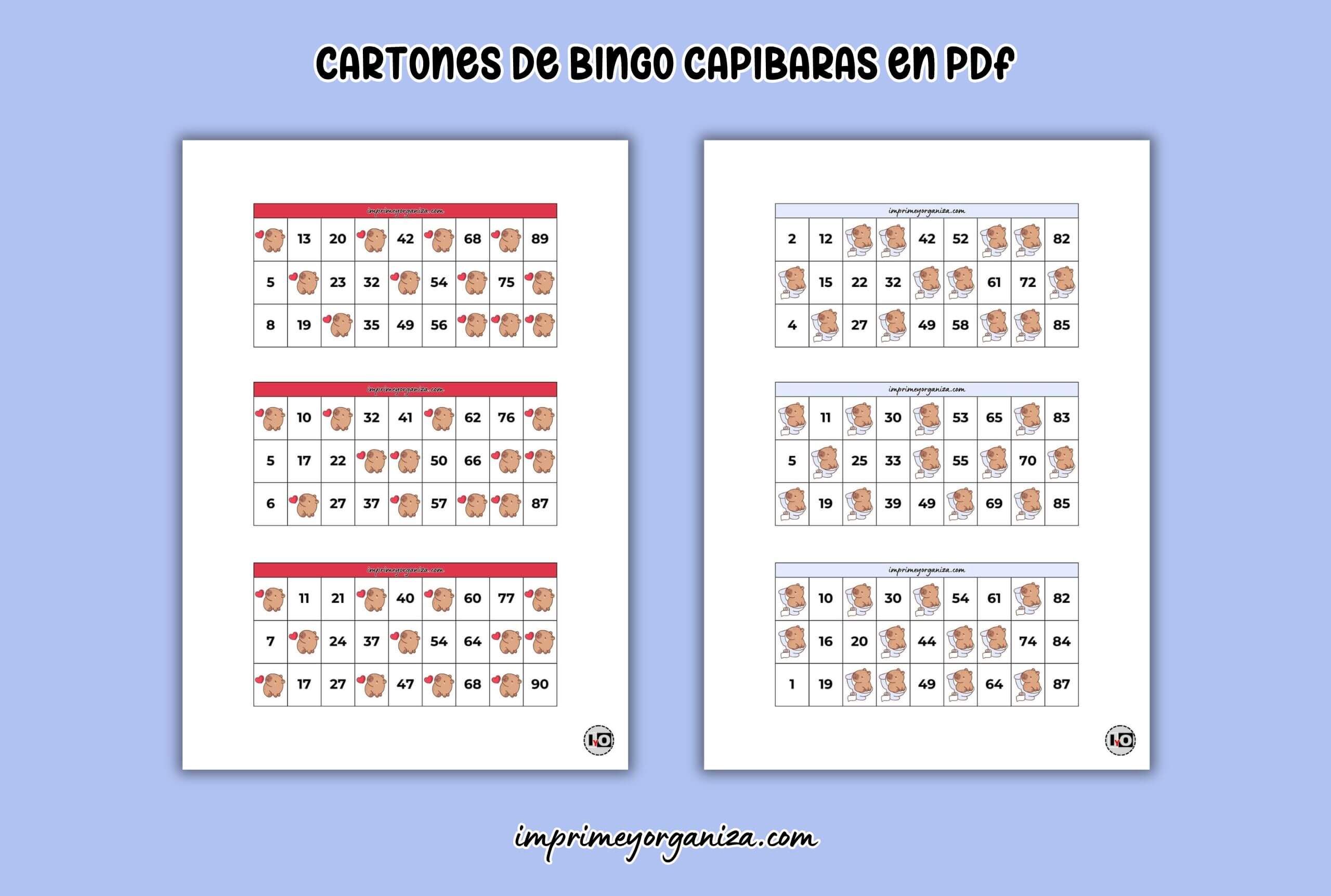 cartones de bingo capibaras colores para imprimir en PDF gratis